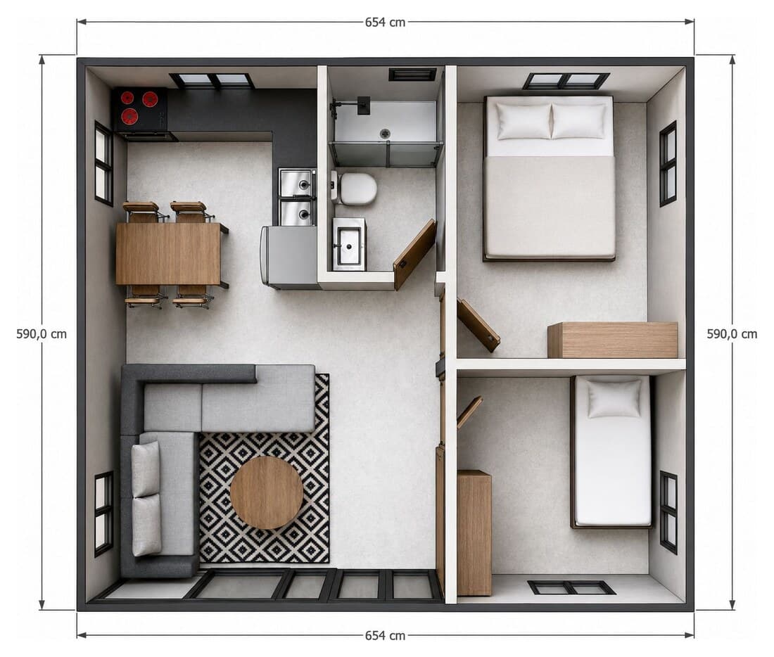 Plano acotado de la Casa 38 (Modelo 1): 2 dormitorios (1 matrimonial + 1 simple) · 1 baño